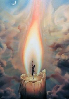 a man standing on top of a burning candle in the middle of clouds with a sky background