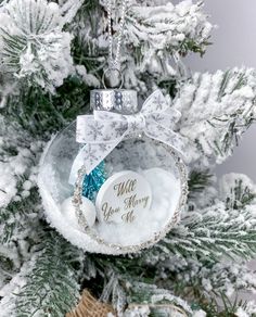 a glass ornament hanging from the top of a christmas tree with snow on it