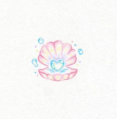 a drawing of a pink shell with blue eyes and bubbles in the water on a white background