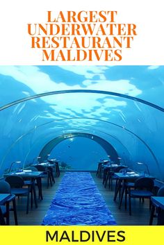 an underwater restaurant with tables and chairs under the water, in front of a blue sky