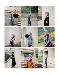 a collage of photos shows a woman in hijab and hoodie holding a purse