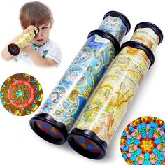 two children's toys with different designs on them and one child looking through the binoculars