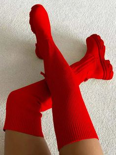 DETAILS Sock boots Cotton lining Round toe Pull-on Low heel Knit Knee High Boots, High Knee Boots, Red Bottom, Brand Collaboration, Stylish Boots, Round Toe Heels, Zipper Detail, Bottom Clothes, Tall Boots