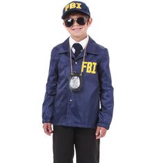 a young boy wearing a blue coat and hat with the words fbf on it