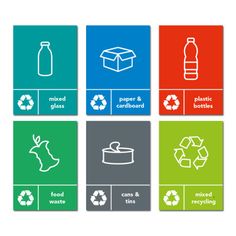 four square icons with different types of food and recycling related items in the bottom left hand corner