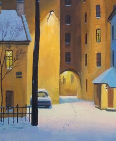 a painting of a snowy street with buildings