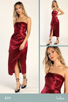 You'll be looking red carpet-ready wherever you go when you've got the Lulus Glamorous Entrance Wine Red Satin One Shoulder Midi Dress! Sleek woven satin shapes this undeniably elegant dress that has a darted bodice (with hidden no-slip strips) topped by a straight neckline and supported by a single adjustable spaghetti strap. Gathered and ruched details continue from the bodice, through the fitted waist, and into a figure-skimming skirt with an overlapping silhouette and a midi hem. Hidden zipp Elegant Red Satin Dress For Cocktail, Red Satin Dress For Date Night, Chic Red Satin Cocktail Dress, Chic Red Satin Dress For Cocktail, Red Satin Midi Dress For Formal Occasions, Elegant Red Satin Midi Dress, Elegant Red Midi Length Satin Dress, Red Midi Length Satin Dress, Chic Red Satin Dress For Night Out