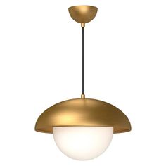 a brass colored light fixture with a white glass ball hanging from it's center