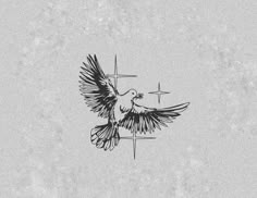 a black and white drawing of a dove on a cross with wings spread in the air