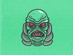 a drawing of an alien head with red eyes on a green paper textured background