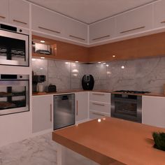 a modern kitchen with marble counter tops and white cabinetry, including an oven and dishwasher