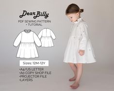 This is a girls ruffle neck / long sleeve dress  PDF Sewing Pattern (Instant Download) with Instructions. 'My Darling' dress pattern by DearBillyPatterns. Designed for woven fabrics. This is a PDF Sewing Pattern (instant download) in sizes 12M-18M-2T-3T-4T-5T-6Y-7Y-8Y-9Y-10Y-11Y-12Y. All sizes are included in your purchase. This is an intermediate skill level sewing pattern that requires prior sewing experience. If you have any questions while sewing-feel free to email us, we'll be more than happy to walk you through it. This pattern includes 3 types of files: 1. A4/US letter file for printing at home 2. A0 size copy shop file 3. True projector file *All three files come with layers. The pattern includes clear and detailed instructions with illustrations. We recommend viewing the instructi Instructions Booklet, My Darling, Woven Fabrics, Darling Dress, Sewing Pattern Sizes, Baby Crafts, Pdf Sewing Patterns, Girls Dress, Dress Pattern