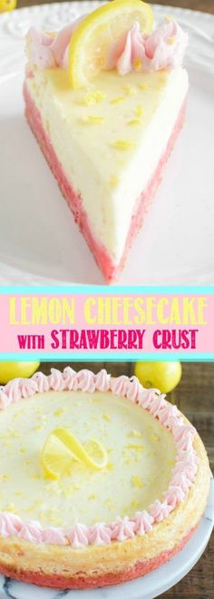 a lemon cheesecake with strawberry crust is on a white plate and has the words lemon cheesecake written in pink