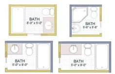 four bathroom layouts are shown in three different colors