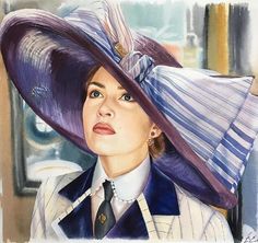 a painting of a woman wearing a purple hat