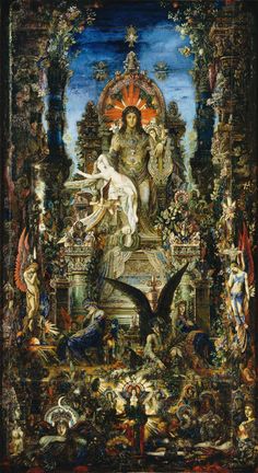 an ornate painting with angels and other things on it's sides, including a statue