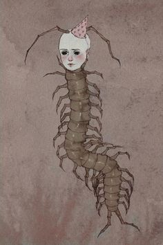 a drawing of a woman's head and legs in the shape of a scorpion