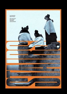 an orange and black poster with two people sitting on top of a rock, looking at something in the distance