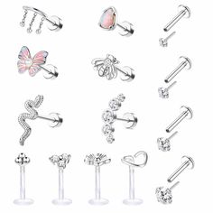 PRICES MAY VARY. 💕Cartilage Earrings✿You will Get 4 Pcs Stainless Steel Threadless Push in Lip Rings, 4 Pcs Clear Labret Jewelry and 6 Pcs Tagus Piercing Jewelry. Top CZ, Flower, Butterfly, Snake, Bee, Opal and Drop Bead Helix Piercing Jewelry, Various of Styles Piercings Stud can Match Your Different Outfits. 💕Perfect Helix Piercing Size✿Gauge: 16G(1.2mm); Bar Wearable Length: 8mm, CZ Top Diameter: 1.5mm, 2mm, 2.5mm, 3mm, 4mm for Push in Nose Rings. Easy to Screw On and Off. Well Fitted and S Monroe Piercing Jewelry, Tongue Piercing Jewelry, Piercings Jewelry, Conch Piercing Jewelry, Daith Piercing Jewelry, Lip Rings, Tragus Piercing Jewelry, Monroe Piercings, Labret Jewelry