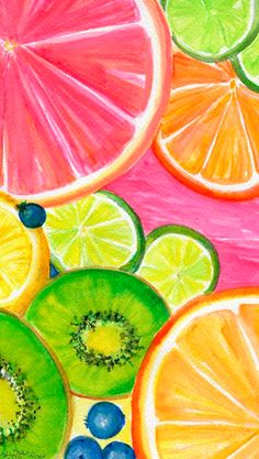 a painting of citrus fruit on a pink background