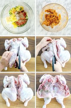 four pictures showing how to cook a whole chicken