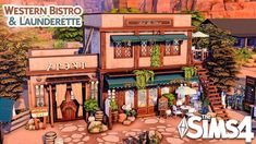 an animated image of a small town with lots of shops and restaurants on the street