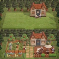 two pictures of the same house in animal crossing