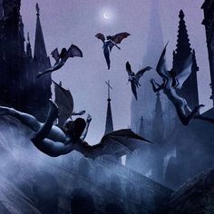 a group of bats flying in the air over a city with tall buildings and spires