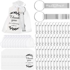 wedding favors, bottle openers and thank you tags are shown in this package with ribbon