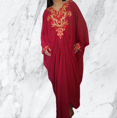 Welcome to our Shop, Gold Embroidery Women Plus Kaftan Abaya Dark Grey, Red, Maxi Dress Long Dress UK 8 10 12 14 16 18 20 22 24 26 US S-XXXXL Chiffon sheer fabric and its not come with the inner dress. Batwing style tunic, it has broidery lace on the waistline, neckline, and sleeves . it has inner skinny  tie to create fit shape of your body size. length from top shoulder to hem front dress approx 56 inch length from top shoulder to hem back dress approx 53 inch Length from shoulder to arm approx 22.5 inch Made to fit UK Size 6 to 20, US Size Small to XXXL Came in Red, Dark Red, Navy Blue, Grey, Pink  Garment Care 30 degrees wash  Return is acceptable as long as item in original condition Colour on the photo might slightly different due to the picture quality, Kaftan is see through and it V-neck Dress With Dabka Work For Party, V-neck Party Dress With Dabka Work, Traditional Red Dresses For Eid, Red Fitted Kaftan For Wedding, Red Long Sleeve Gown For Eid, Eid V-neck Dress With Dabka Work, Long Sleeve Red Gown For Eid, Red Maxi Dress For Eid Wedding, Red Maxi Dress For Wedding And Eid