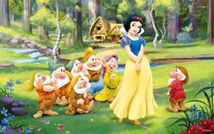 snow white and the seven dwarfs in front of a forest scene with a stream running through it