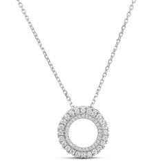 This enchanting diamond necklace features a half-carat of round cut diamonds forming two rings with an open center. Every diamond is prong-set in gorgeous 18k white gold to showcase the exquisite sparkle and light-catching glow. A stunning piece like this is perfect for someone who appreciates luxury made to cherish for a lifetime and pass down for generations to come. Halo Diamond Necklaces With Round Shape, Round Diamond Halo Necklaces, Cubic Zirconia Halo Diamond Necklace, Timeless Cubic Zirconia Diamond Necklace With Halo, Timeless Cubic Zirconia Halo Diamond Necklace, Timeless Diamond Necklace With Halo, Silver Round Cut Diamond Necklace With Halo, Silver Round Cut Halo Diamond Necklace, Formal Halo Cubic Zirconia Diamond Necklace