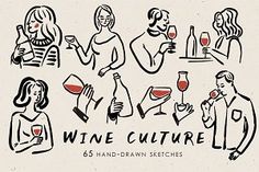 a drawing of people drinking wine and talking to each other with the words wine culture written below