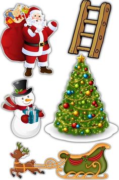 christmas stickers with santa claus, snowman and sleigh on white background