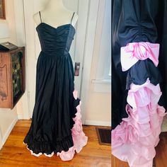 🖤 Gorgeous Black and Pink Vintage Dress 🖤 Reminiscence of a Dress from the Movie Grease!  🖤 1950s-1960s Era 🖤 The Bottom Pink Ruffles make this Dress a Showstopper!  🖤 Spaghetti Straps and Fits at the Waist 🖤 Zipper down the Back of the Dress 🖤 Label- Union Made  Size 10 🖤 Measurements-       Waist- 27 inches        Bust- 32 inches        Length- 57 inches  🖤 Free Shipping 1950s Style Ruffled Formal Dresses, 1950s Formal Ruffled Dress, 1950s Style Formal Ruffled Dresses, Vintage Dress With Attached Cancan For Costume Party, Retro Formal Dress With Ruffles, 1950s Ruffled Dresses For Vintage Events, Retro Vintage Dress With Ruffles For Formal Occasions, Retro Vintage Dress With Ruffles For Party, Vintage Dress With Fitted Bodice For Costume Party