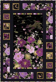 a black and purple quilt with flowers on it