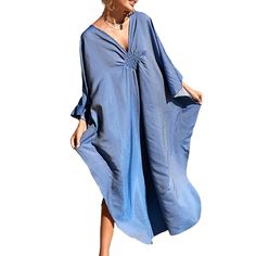 Blue Front Woven Bat Sleeve Beachwear Kimono Beachy V-neck Cover-up With Relaxed Fit, Solid Color Beach Dress For Spring, Blue Breezy Summer Cover-up, Relaxed Fit V-neck Cover-up For Vacation, Relaxed Fit V-neck Beach Dress For Vacation, Oversized V-neck Spring Cover-up, Chic Blue V-neck Cover-up, Casual V-neck Cover-up For Day Out, Blue V-neck Cover-up For Summer