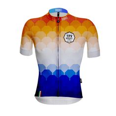 the jersey is designed to look like an abstract pattern with blue, yellow and orange colors