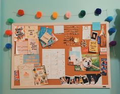 a bulletin board with many pictures and pom poms hanging from it's sides