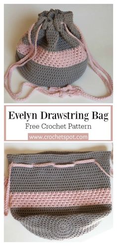 a crocheted bag with pink and gray stripes