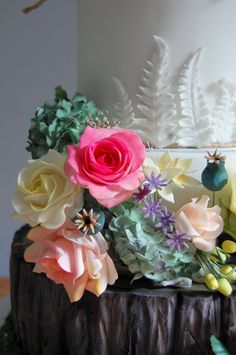 a close up of a cake with flowers on it