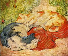 a painting of two cats laying on top of each other