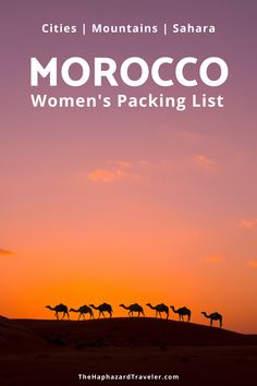 morocco women's packing list with camels silhouetted against an orange and purple sky