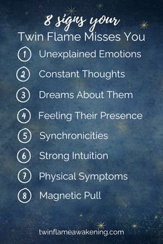 a blue background with the words 8 signs your twin flame missed you unexplained emotions constant thoughts dreams about them feelings