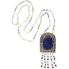 Egyptian Revival necklace, circa 1925, is a beautiful composition in 14K gold, lapis and enamel, the 1-1/2" x 2" arched pendant set at center with a carved oval lapis profile, surrounded by multi-colored enamel and engraved gold decorative plaque, with beaded tassels of turquoise, lapis, and carnelian beads. The pendant including beaded fringes measures 1-1/2" x 3-1/2". The 30" 14K gold chain alternates flat and twisted gold links with multi-colored enamel cylindrical spacers. Egyptian Revival Jewelry, Vintage Chain Necklace, Flapper Art, Beautiful Composition, Lapis Lazuli Jewelry, Egyptian Jewelry, Egyptian Revival, Carnelian Beads, Fringe Necklace