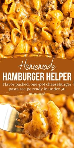 homemade hamburger helper recipe with macaroni and cheese on a fork in the casserole dish