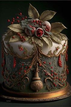 a fancy cake decorated with berries and leaves