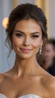 a woman in a strapless dress smiling at the camera with her hair pulled back