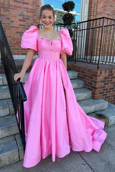 Pink Satin Prom Dress, Puff Sleeve Gown, A Line Prom Dress, Blue Corset, Corset Dress Prom, A Line Prom Dresses, Gown Prom, Color Number, Satin Prom Dress