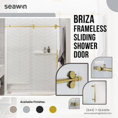 the shower door is open and there are pictures of it in different colors, including yellow